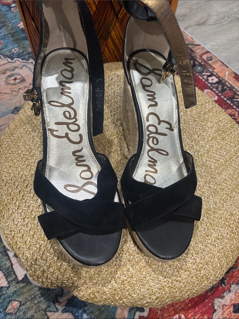 Sam Edelman Black Suede Wedge Sandals with Espadrille Platform